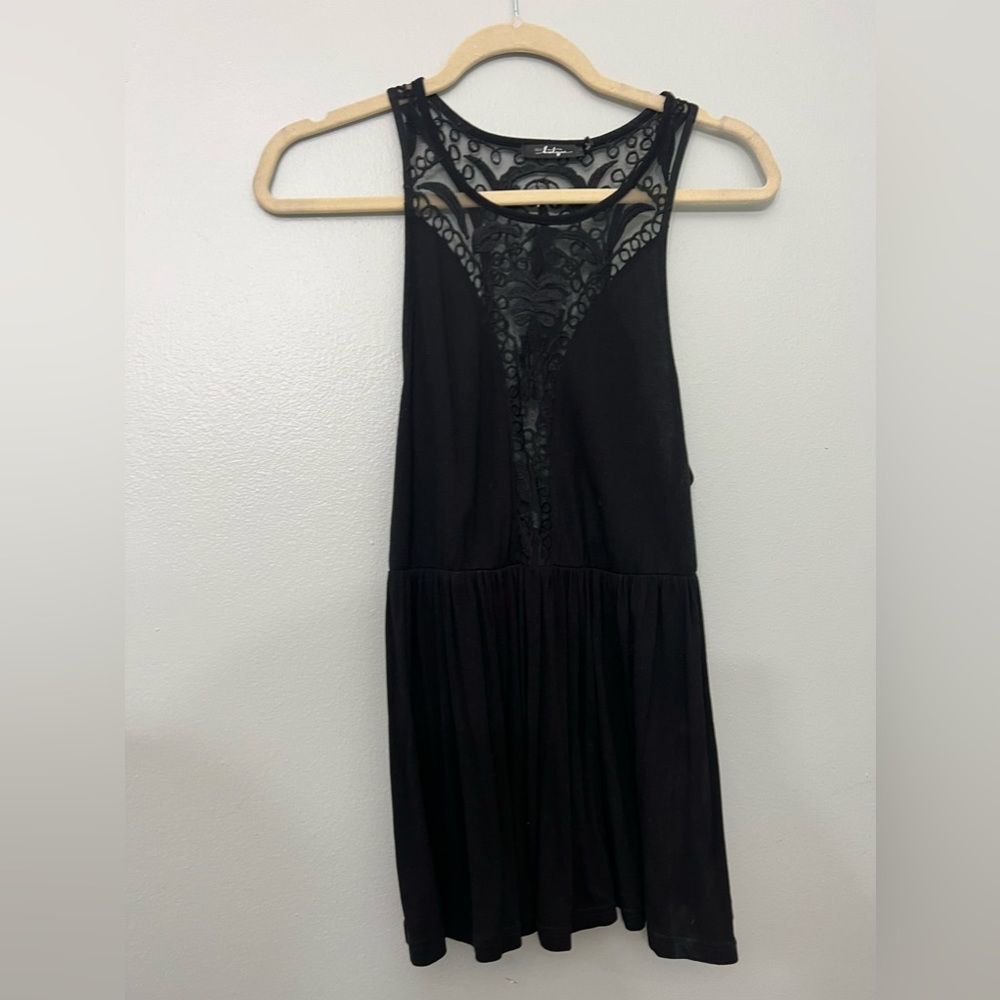 S BKE Boutique black flowy tank with sheer lace details